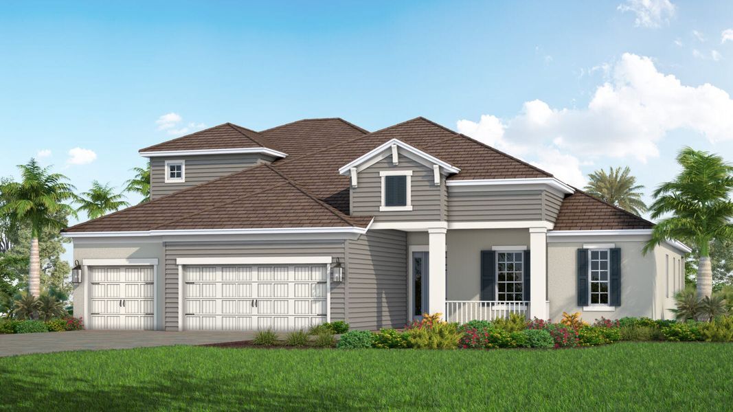 Front exterior of a new home in SkySail Real Estate and Homes for Sale in Naples, FL - Neal Communities, Naples, FL, highlighting curb appeal (Image 2). Front exterior of a new home in SkySail Real Estate and Homes for Sale in Naples, FL - Neal Communities, Naples, FL, highlighting curb appeal (Image 2).
