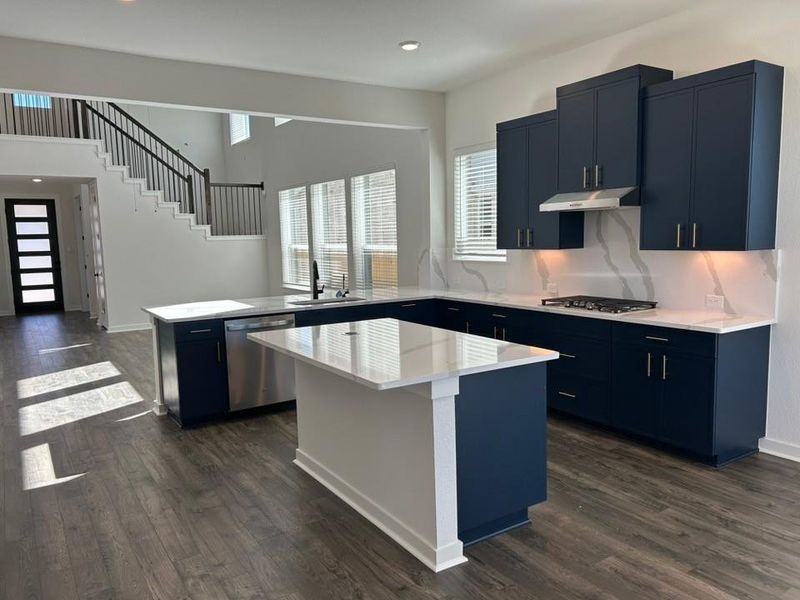 Kitchen with a peninsula, blue cabinets, dark wood-type flooring, appliances with stainless steel finishes, and a kitchen island Kitchen with a peninsula, blue cabinets, dark wood-type flooring, appliances with stainless steel finishes, and a kitchen island