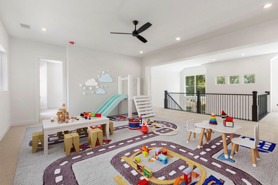 Upstairs is the first of two spacious game rooms. Upstairs is the first of two spacious game rooms.