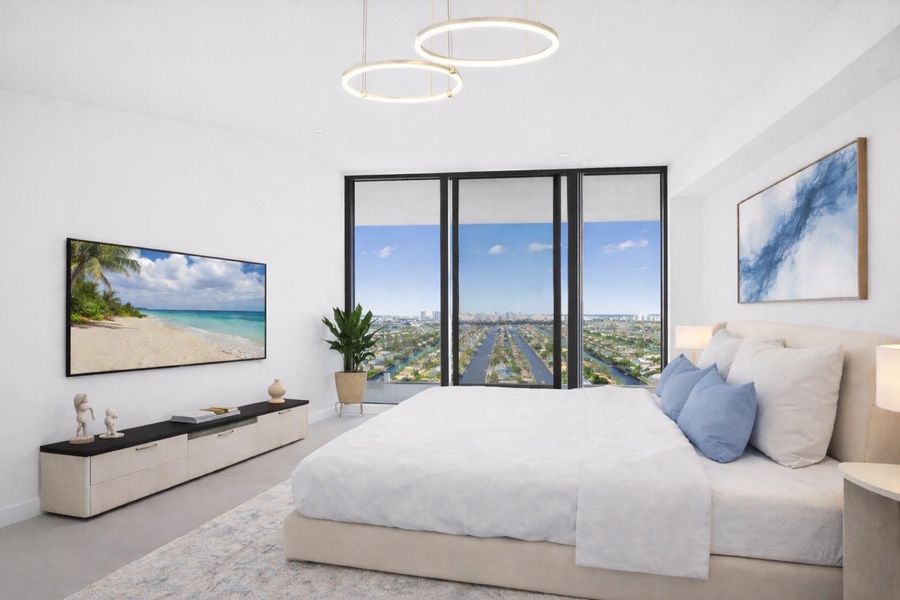 Virtually staged Primary bedroom with Unobstructed Intracoastal and city view Virtually staged Primary bedroom with Unobstructed Intracoastal and city view