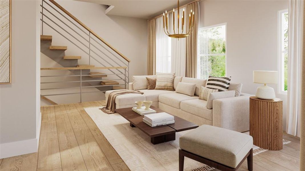 Living room with light hardwood / wood-style floors