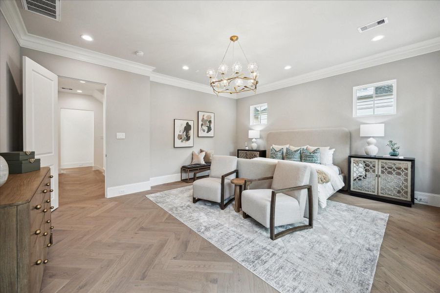 The primary suite will have 10-foot ceilings and exquisite Legno Bastone European White Oak wood floors. **Photo is of another home in the community and for information purposes only. Buyer to verify all details.** The primary suite will have 10-foot ceilings and exquisite Legno Bastone European White Oak wood floors. **Photo is of another home in the community and for information purposes only. Buyer to verify all details.**
