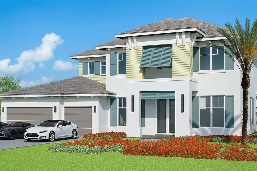 Front exterior of a new home in Coral Isles at Avenir, Palm Beach Gardens, FL, highlighting curb appeal (Image 1).