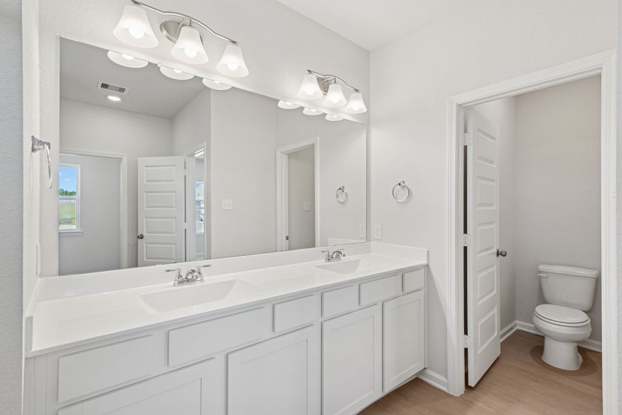 The Oriole II- Primary Bath with Dual Vanities and Large Walk-in Shower. Sample image to be used for example only, colors, options and upgrades vary.