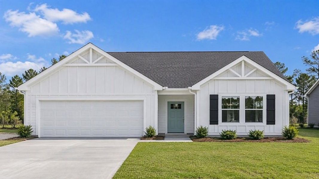 Front exterior of a new home in The Cove at Mallard Crossing, Summerville, SC, highlighting curb appeal (Image 1). Front exterior of a new home in The Cove at Mallard Crossing, Summerville, SC, highlighting curb appeal (Image 1).