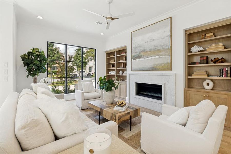 Living Area with built-in bookcases