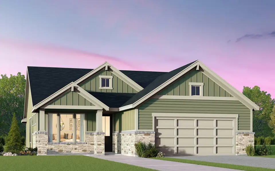 Craftsman inspired home with stone siding, driveway, a garage, board and batten siding, and roof with shingles Craftsman inspired home with stone siding, driveway, a garage, board and batten siding, and roof with shingles