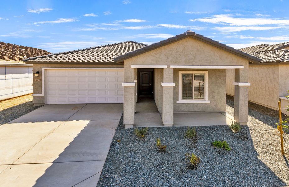 Front exterior of a new home in El Rancho Santa Rosa, Maricopa, AZ, highlighting curb appeal (Image 16).