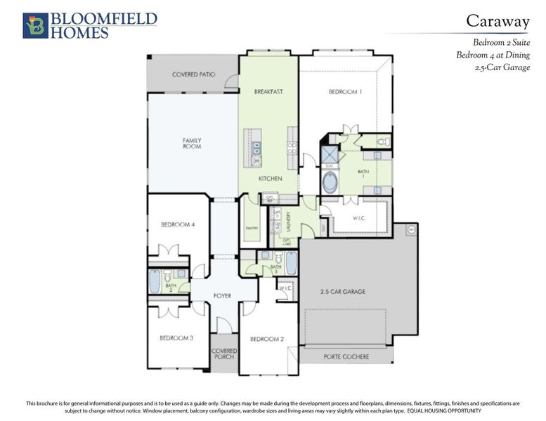 Bloomfield Homes Caraway floor plan with 4 bedrooms, kitchen, family room, and 2.5-car garage layout