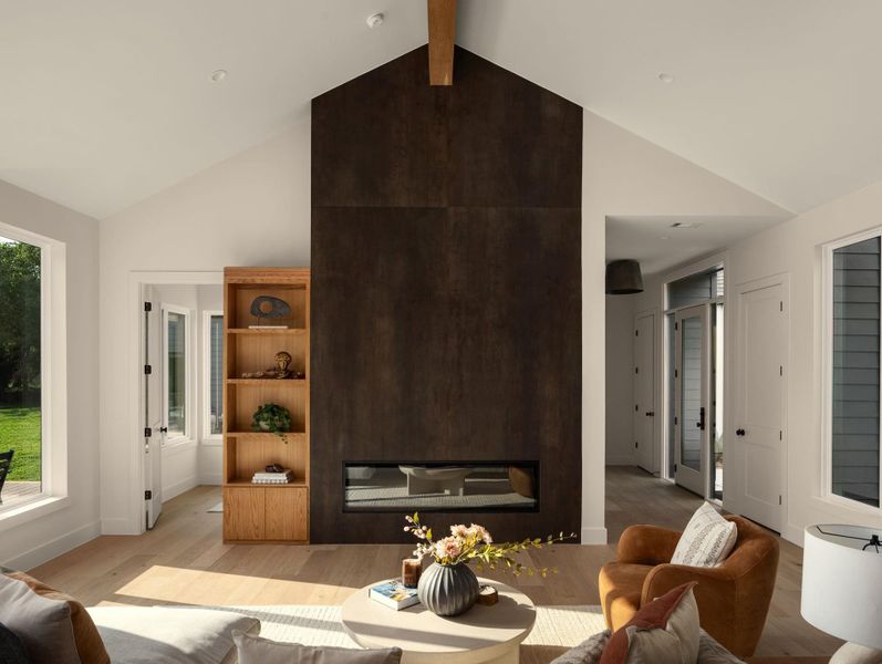 Floor to ceiling fire place with built in shelving Floor to ceiling fire place with built in shelving