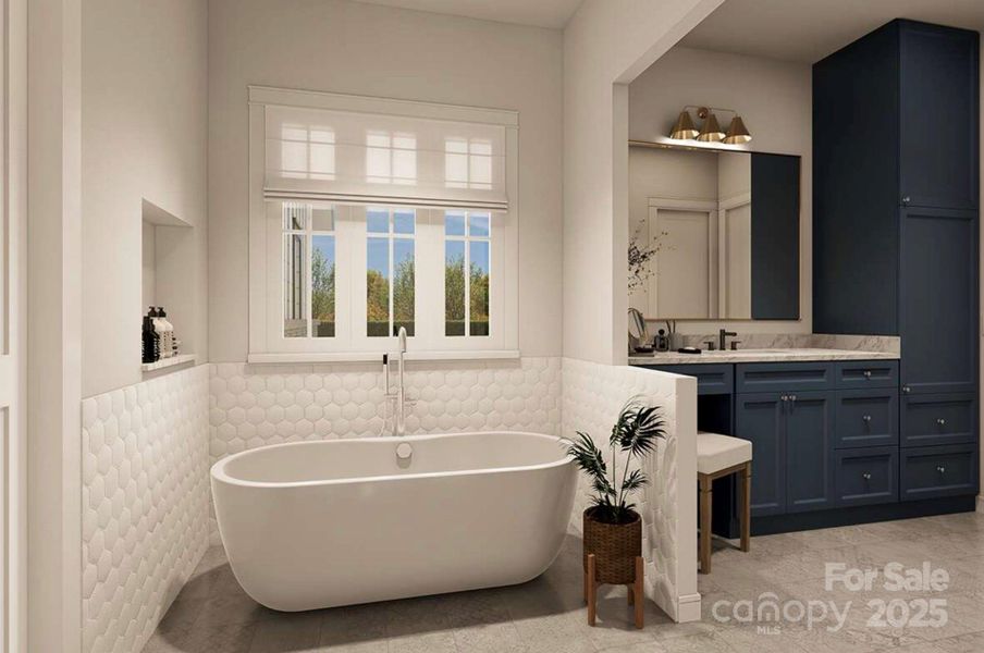 This luxurious bathroom features a deep soaking tub beneath a wide window with soft Roman shades, offering natural light and privacy. This luxurious bathroom features a deep soaking tub beneath a wide window with soft Roman shades, offering natural light and privacy.