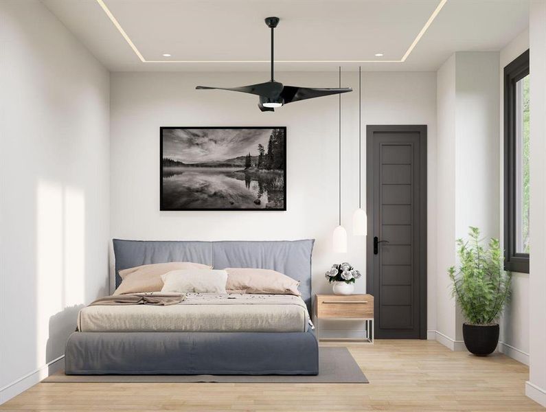 Bedroom with wood finished floors, ceiling fan, and recessed lighting