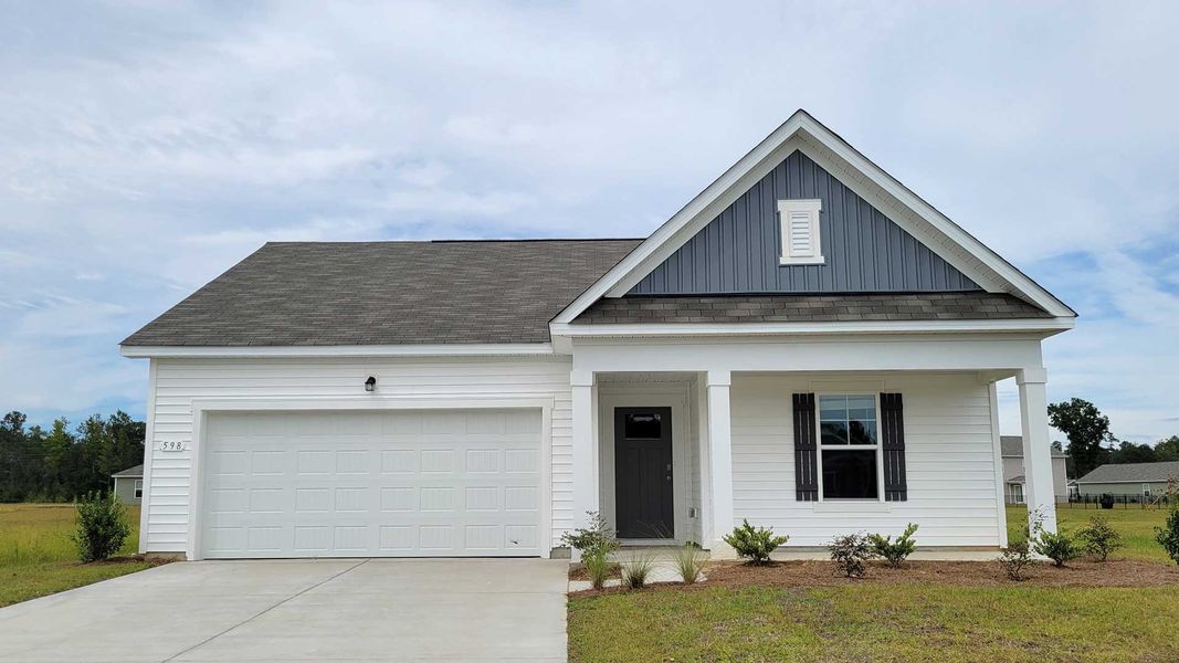 Front exterior of a new home in Jordanville Farms, Galivants Ferry, SC, highlighting curb appeal (Image 1).