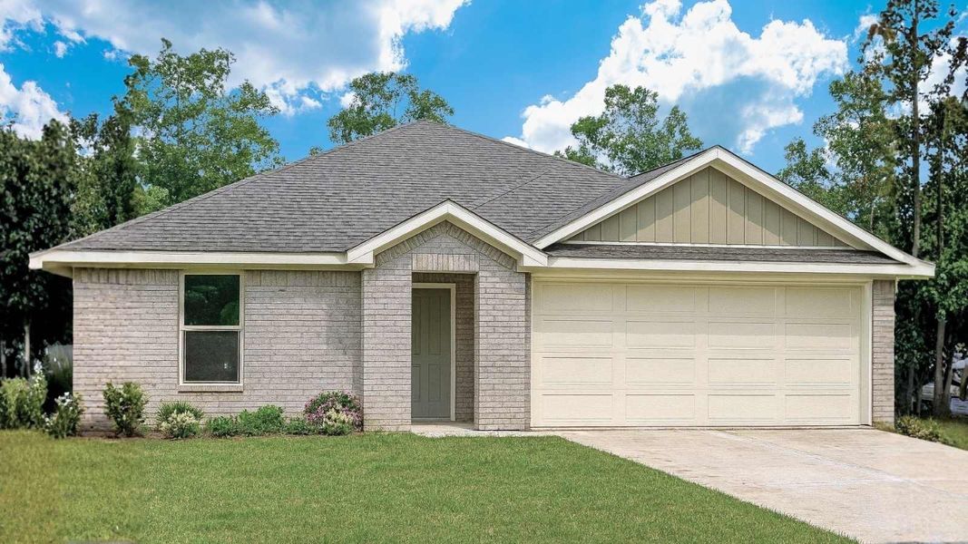 Front exterior of a new home in Silverthorne, Conroe, TX, highlighting curb appeal (Image 1). Front exterior of a new home in Silverthorne, Conroe, TX, highlighting curb appeal (Image 1).