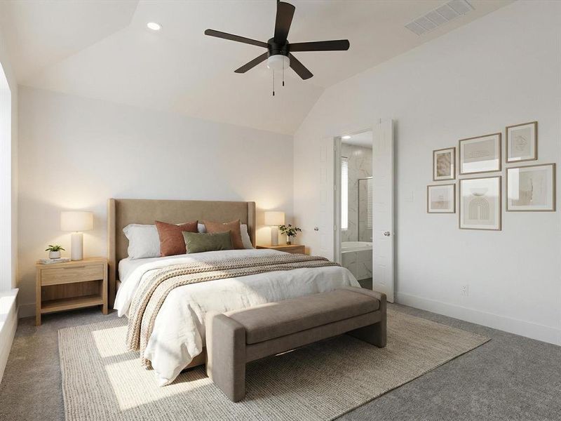 Virtually staged Primary bedroom featuring lofted ceiling, ensuite bath, recessed lighting, and a ceiling fan