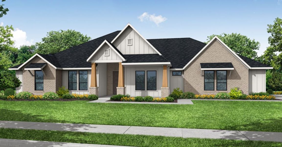 Representative exterior photo of a completed home built from the Hazel by Impression Homes in Estates of Palmer, Palmer, TX (Image 7). Representative exterior photo of a completed home built from the Hazel by Impression Homes in Estates of Palmer, Palmer, TX (Image 7).