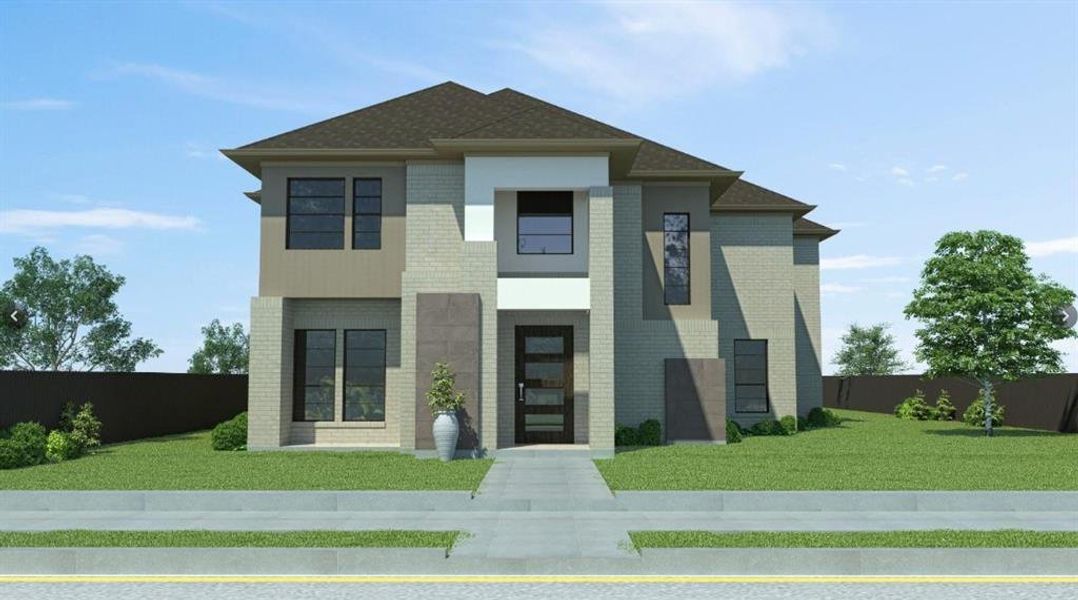 Modern home with brick siding, a front yard, and fence Modern home with brick siding, a front yard, and fence