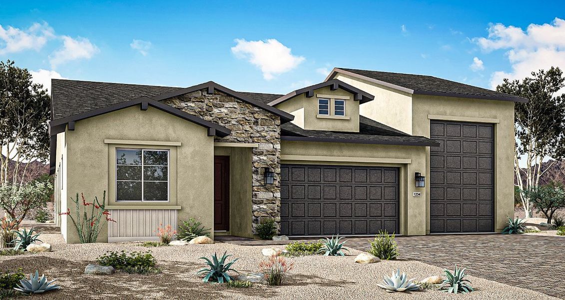 Front exterior of a new home in Horizon at The Dells, Prescott, AZ, highlighting curb appeal (Image 2). Front exterior of a new home in Horizon at The Dells, Prescott, AZ, highlighting curb appeal (Image 2).
