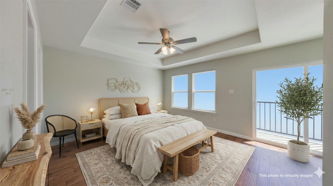 Your private sanctuary awaits in this spacious primary suite, featuring an exclusive balcony for peaceful morning coffee and relaxation.