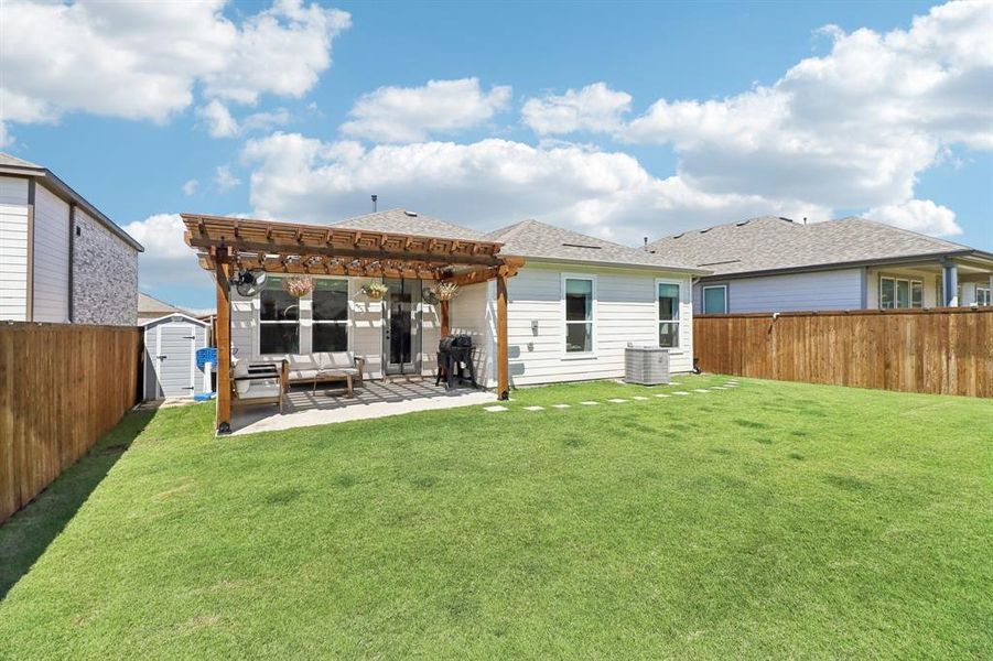 Rear view of house featuring a storage shed, a pergola, a patio area, and a fenced backyard Rear view of house featuring a storage shed, a pergola, a patio area, and a fenced backyard