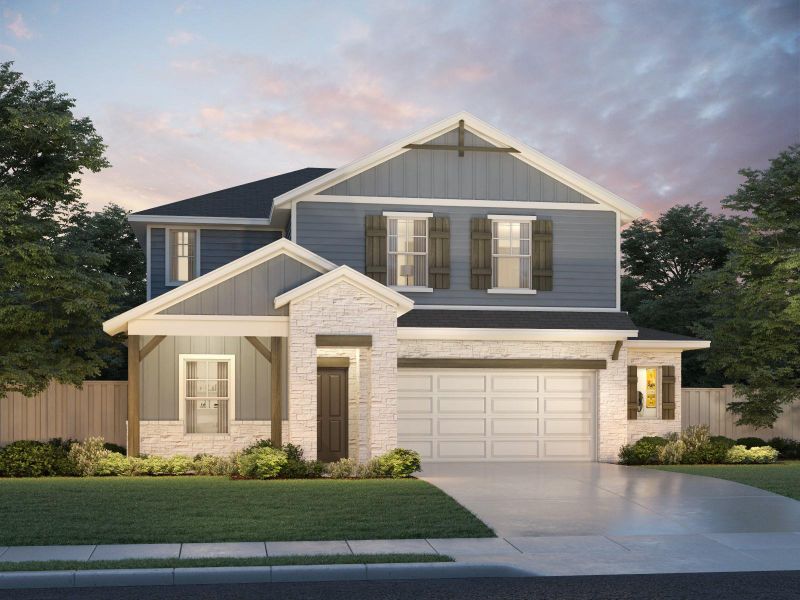 Craftsman inspired home featuring stone siding, board and batten siding, concrete driveway, a garage, and a shingled roof