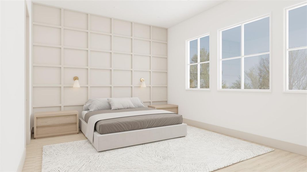 Spacious primary suite with feature wall, abundant windows, and natural light.