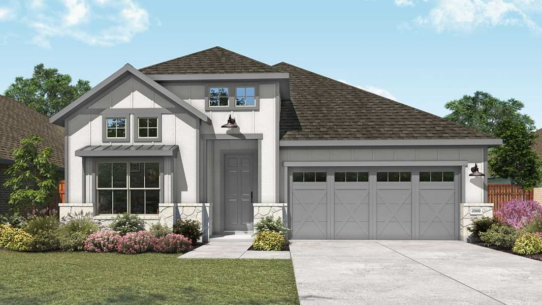 Representative exterior photo of a completed home built from the Willow by DRB Homes in Anthem, Kyle, TX (Image 6). Representative exterior photo of a completed home built from the Willow by DRB Homes in Anthem, Kyle, TX (Image 6).