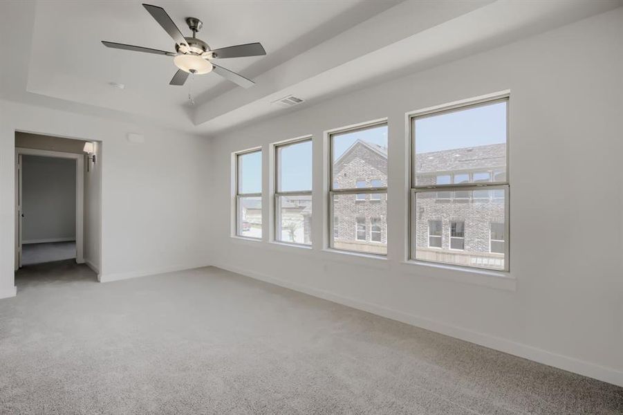 Spacious interior room featuring a tray ceiling, contemporary ceiling fan, light gray carpet, and a row of four windows