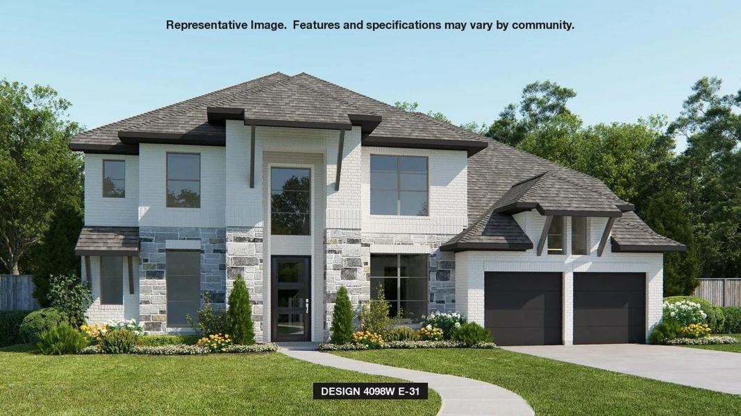 Front exterior of a new home in Kresston 65', Magnolia, TX, highlighting curb appeal (Image 1).