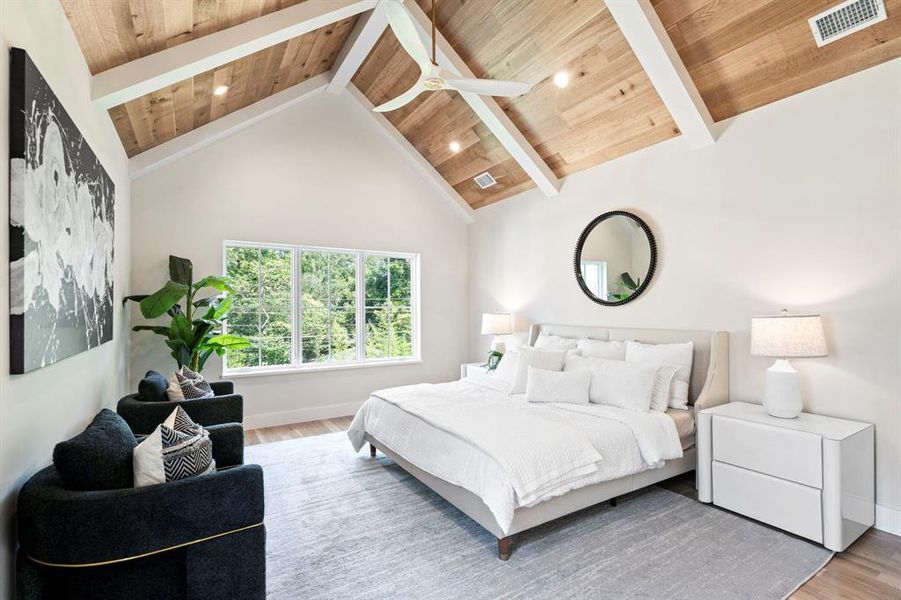 Bedroom with wood ceiling, high vaulted ceiling, hardwood / wood-style floors, and beam ceiling