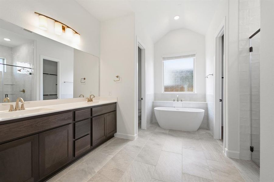 Spacious bathroom featuring a dual vanity with dark wood-finish cabinetry and white countertops, large wall-mounted mirror, freestanding soaking tub, and walk-in shower with clear glass enclosure