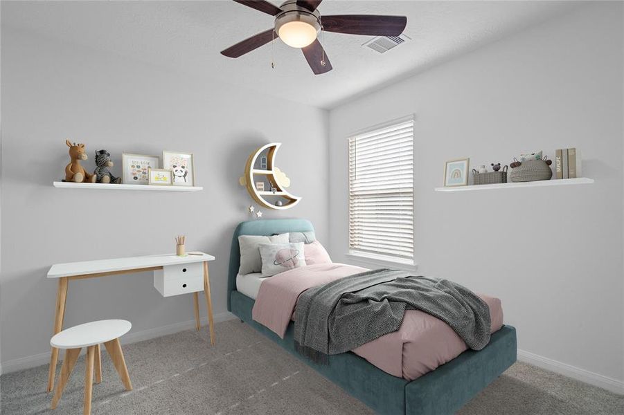 Secondary bedroom features plush carpet, high ceiling with ceiling fan, and a large window with privacy blinds.