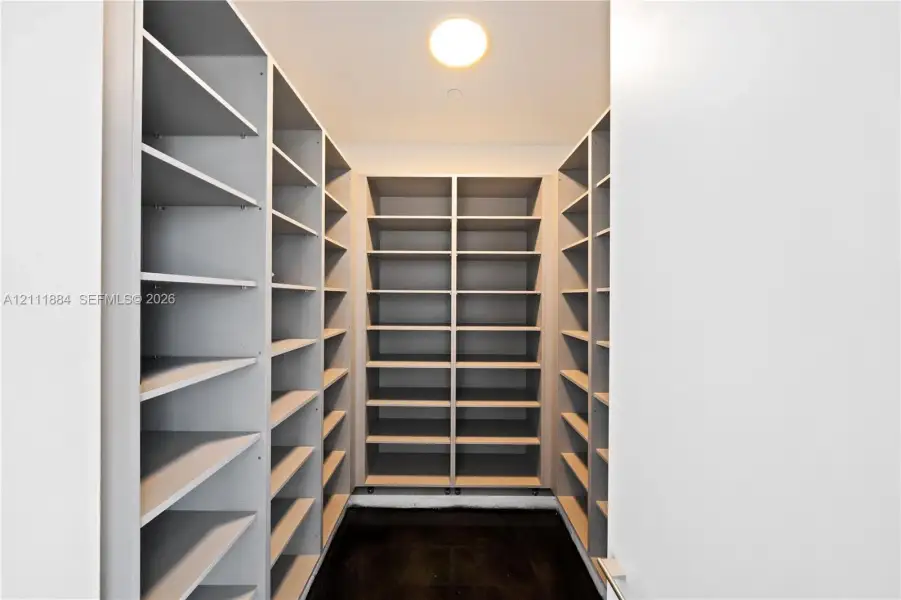 Walk-in storage area featuring custom floor-to-ceiling built-in cabinetry with extensive shelving, neutral finish, and recessed ceiling lighting Walk-in storage area featuring custom floor-to-ceiling built-in cabinetry with extensive shelving, neutral finish, and recessed ceiling lighting