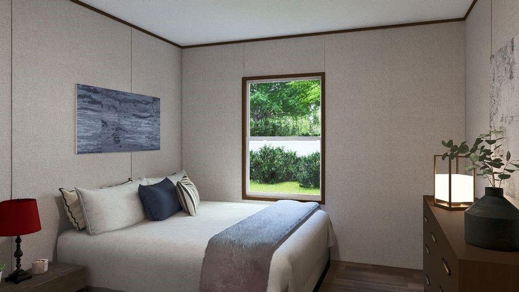 Room featuring wood-finish flooring, a double-hung window with dark trim, light-colored wall panels, and dark crown molding Room featuring wood-finish flooring, a double-hung window with dark trim, light-colored wall panels, and dark crown molding