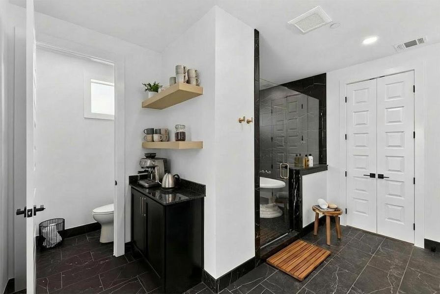 Primary bathroom coffee bar virtually staged
