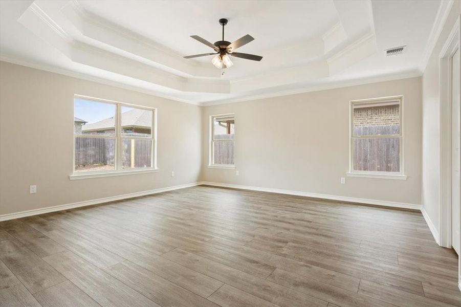 Spare room featuring a tray ceiling, crown molding, ceiling fan, and wood finished floors Spare room featuring a tray ceiling, crown molding, ceiling fan, and wood finished floors