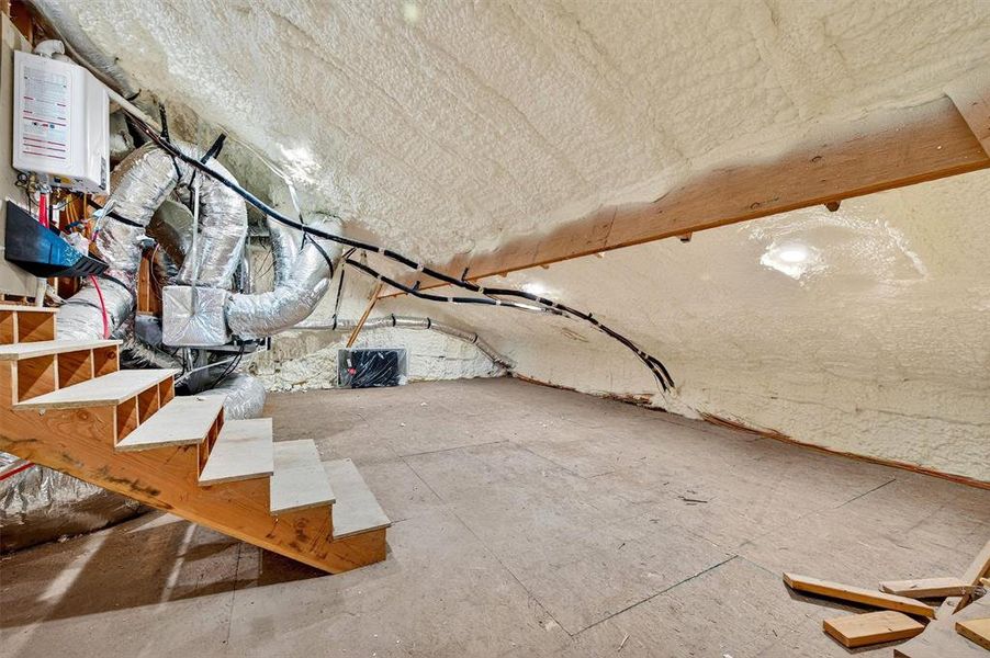 Unfinished attic featuring water heater