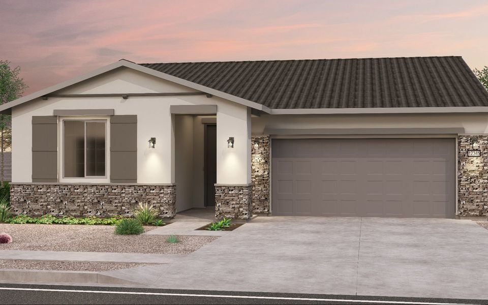 Front exterior of a new home in Blossom Rock, Apache Junction, AZ, highlighting curb appeal (Image 1). Front exterior of a new home in Blossom Rock, Apache Junction, AZ, highlighting curb appeal (Image 1).