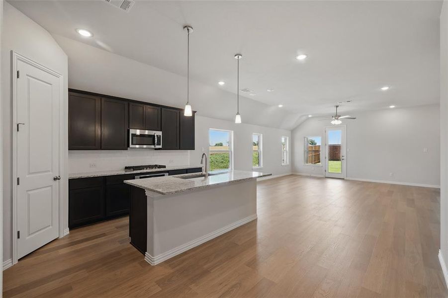 Kitchen with appliances with stainless steel finishes, a sink, vaulted ceiling, ceiling fan, and light wood-type flooring