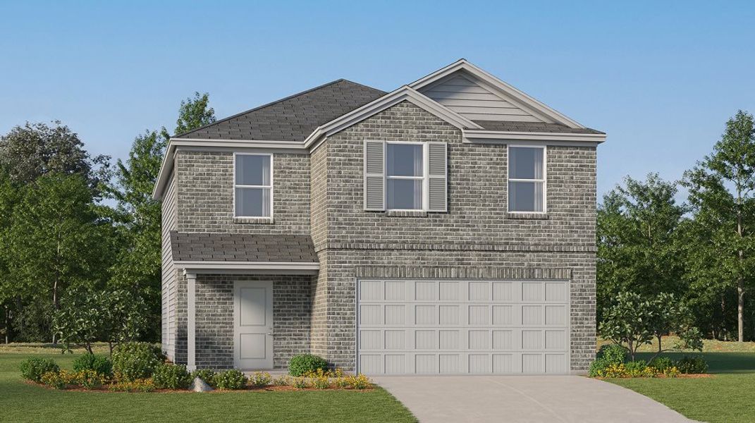 Front exterior of a new home in Guadalupe Ridge, New Braunfels, TX, highlighting curb appeal (Image 1). Front exterior of a new home in Guadalupe Ridge, New Braunfels, TX, highlighting curb appeal (Image 1).