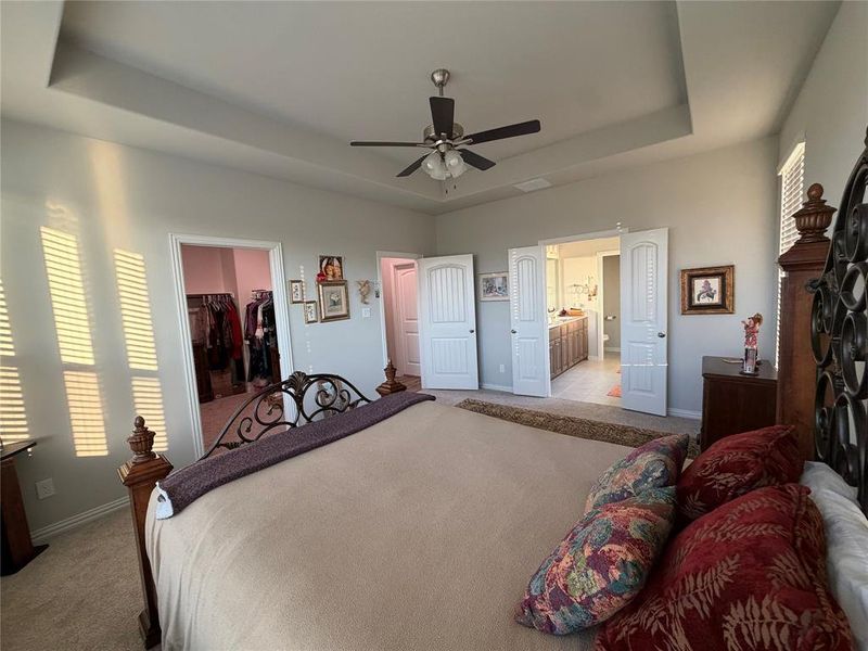 Spacious room featuring tray ceiling, ceiling fan, and carpet flooring