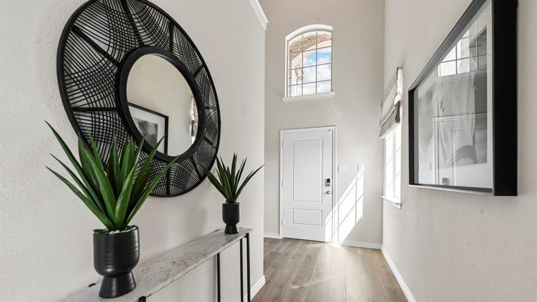 Entryway with plenty of natural light, light wood finished floors, and a towering ceiling Entryway with plenty of natural light, light wood finished floors, and a towering ceiling