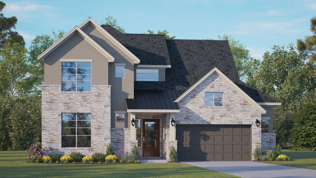 Front exterior of a new home in Elyson, Katy, TX, highlighting curb appeal (Image 24). Front exterior of a new home in Elyson, Katy, TX, highlighting curb appeal (Image 24).