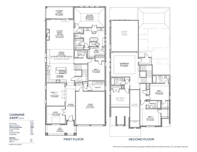 2D floor plan layout for the Carmine - 4461F by Shaddock Homes in Fields - 50' Lots, Frisco, TX (Image 3).