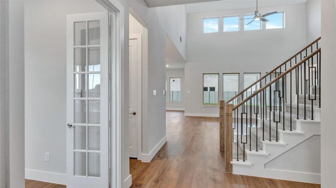 Entryway featuring a high ceiling, light wood-type flooring, and ceiling fan