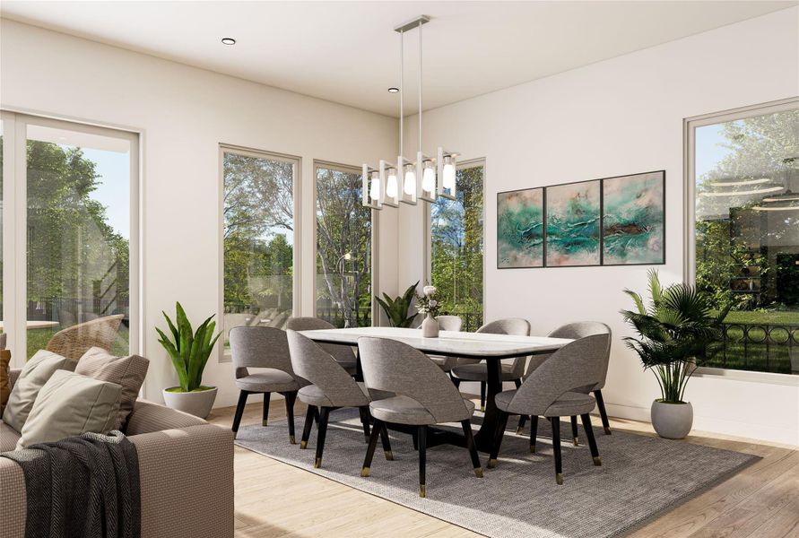 The ROCcreek features a bright, open living room designed for effortless entertaining and stylish everyday comfort. Image shown is an artist’s rendering; final colors and selections may vary. Please see the New Home Consultant for details.