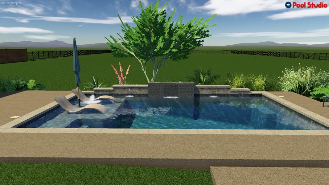 Rendering; View of pool featuring a fenced backyard, a mountain view, a hot tub, and a patio Rendering; View of pool featuring a fenced backyard, a mountain view, a hot tub, and a patio