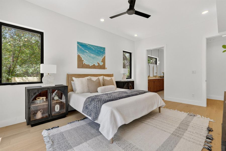 The primary suite is your personal hideaway — a space made for slow mornings, sunset views, and effortless connection to your backyard oasis, where every detail feels curated just for you The primary suite is your personal hideaway — a space made for slow mornings, sunset views, and effortless connection to your backyard oasis, where every detail feels curated just for you