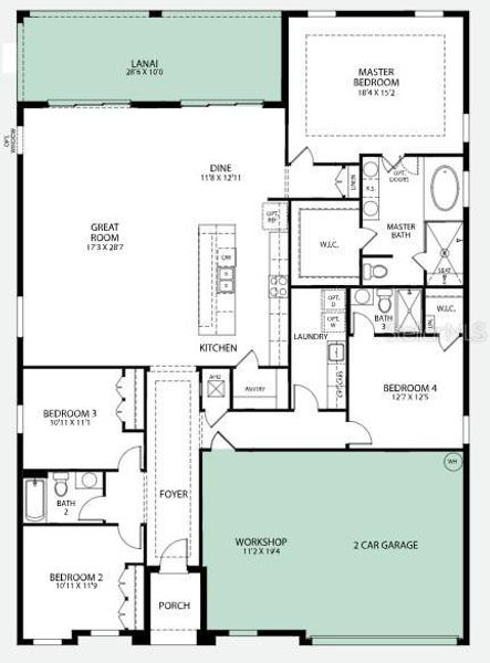 Venice Floor Plan with extended lanai & 2 car garage w/workshop
