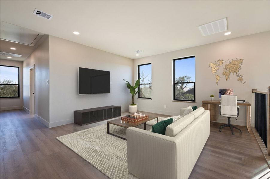 Upstairs flex room could be used as a game-room, home office or walls added for a 4th bedroom Upstairs flex room could be used as a game-room, home office or walls added for a 4th bedroom